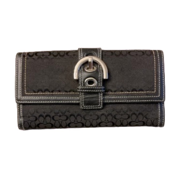 Coach Handbags - Coach Hampton Signature Black Canvas & Leather Trifold Wallet, Checkbook Insert
